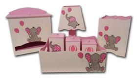 Kit Higiene bebê MDF Elefantinha Elefante Balão Rosa - Canaã Artesanatos