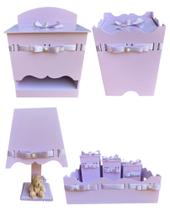 Kit higiene bebê mdf lilás decorado menina - passa fita - 7 peças - sofia decor