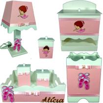 Kit Higiene bebê Mdf menina 7 pçs - BAILARINA ROSA BB BOLINHAS