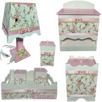 Kit Higiene bebê Mdf menina 7 pçs - BRANCO FLORIDO PEROLAS TAMPAS ROSA Kit Higiene bebê Mdf menina 7 pçs - BRANCO FLORIDO PEROLAS TAMPAS ROSA