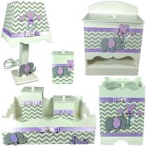 Kit Higiene bebê Mdf menina 7 pçs - CHEVRON CINZA ELEFANTE LILAS