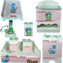Kit Higiene bebê Mdf menina 7 pçs - DINOSSAURO BABY ROSA LISTRADO