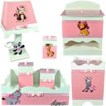 Kit Higiene bebê Mdf menina 7 pçs - Safari rosa bb bolinhas Kit Higiene bebê Mdf menina 7 pçs - Safari rosa bb bolinhas