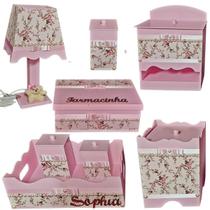 Kit Higiene bebê Mdf menina 8 pçs - ROSA COM BRANCO FLORIDO E PÉROLAS Kit Higiene bebê Mdf menina 8 pçs - ROSA COM BRANCO FLORIDO E PÉROLAS