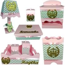 Kit Higiene bebê Mdf menina 8 peças - ROSA BB CHEVRON CINZA DE COROA