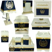 Kit Higiene bebê Mdf menino 10 peças - AZUL MARINHO COM CREME DE COROA