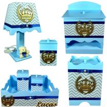 Kit Higiene bebê Mdf menino 7 pçs - AZUL BB CHEVRON CINZA DE COROA