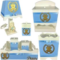 Kit Higiene bebê Mdf menino 7 pçs - AZUL BB COM BOLINHAS DE URSINHO Kit Higiene bebê Mdf menino 7 pçs - AZUL BB COM BOLINHAS DE URSINHO