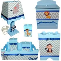 Kit Higiene bebê Mdf menino 7 pçs - SAFARI AZUL BB CHEVRON CINZA