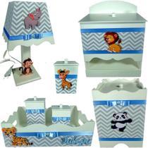Kit Higiene bebê Mdf menino 7 pçs - SAFARI CHEVRON CINZA AZUL