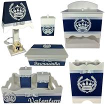 Kit Higiene bebê Mdf menino 8 pçs - AZUL MARINHO COROA BRANCA Kit Higiene bebê Mdf menino 8 pçs - AZUL MARINHO COROA BRANCA