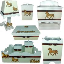 Kit Higiene bebê Mdf menino 8 pçs - BRANCO COM PALHA DE CAVALO