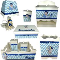 Kit Higiene bebê Mdf menino 8 pçs - URSO AVIADOR CHEVRON AZUL BB Kit Higiene bebê Mdf menino 8 pçs - URSO AVIADOR CHEVRON AZUL BB