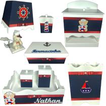 Kit Higiene bebê Mdf menino 8 pçs - URSO MARINHEIRO AZUL MARINHO