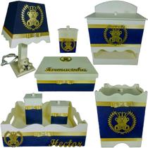 Kit Higiene bebê Mdf menino 8 peças - AZUL MARINHO COM CREME DE URSINHO