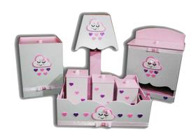 Kit Higiene bebê MDF Nuvem Chuva de Amor Chuva de Bençãos Cinza e Rosa - Canaã Artesanatos