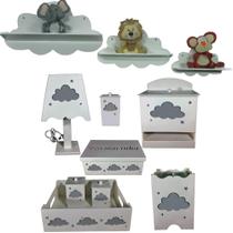 Kit Higiene Bebe Mdf Nuvem Cinza + 3 Nichos Nuvem Brancos