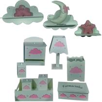Kit Higiene Bebe Mdf Nuvem Menina + 3 Nichos Nuvem Brancos