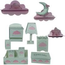 Kit Higiene Bebe Mdf Nuvem Menina + 3 Nichos Nuvem Rosa