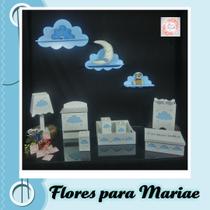 Kit Higiene Bebe Mdf Nuvem Menino + 3 Nichos Nuvem Azul - Flores para Mariae