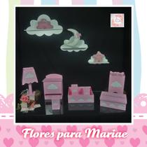 Kit Higiene Bebe Mdf Nuvem Rosa + 3 Nichos Nuvem Brancos - Flores para Mariae
