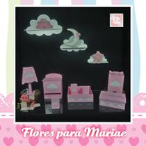 Kit Higiene Bebe Mdf Nuvem Rosa + 3 Nichos Nuvem Brancos