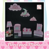 Kit Higiene Bebe Mdf Nuvem Rosa + 3 Nichos Nuvem Rosa