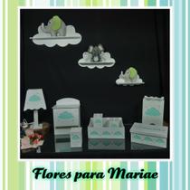 Kit Higiene Bebe Mdf Nuvem Verde + 3 Nichos Nuvem Brancos