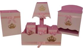 Kit Higiene bebê MDF Princesa Coroa Dourado e Rosa