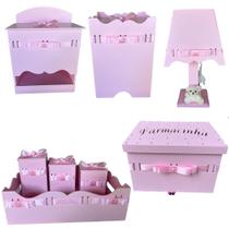 Kit higiene bebê mdf rosa com farmacinha decorado menina - passa fita - 8 peças
