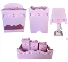 Kit higiene bebê mdf rosa decorado menina - passa fita - 7 peças