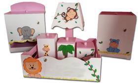 Kit Higiene bebê MDF Safári Bichinhos da Floresta Rosa