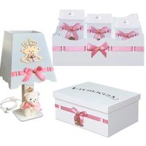 Kit Higiene Bebê Menina Rosa com 6 Peças em Madeira Mdf Decorado