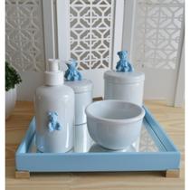 Kit Higiene Bebê Menino K032 Urso Azul Porcelana Bandeja - Ciranda Arte Criativa