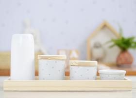 Kit Higiene Bebê Moderno Porcelana Poá Pinus Banho Cuidados