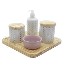 Kit higiene bebê Poá 5 pçs - Molh. Rosa - Tampas e Bdj Pinus