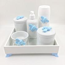 Kit Higiene Bebê Porcelana Avião Azul Bandeja Mdf Garrafa 6pçs - TG DECOR