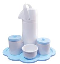 Kit Higiene Bebê porcelana bandeja tampa azul garrafa térmica pressão 1 litro potes