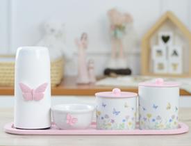 Kit Higiene Bebê Porcelana Borboleta Rosa Menina Quarto Cuidados K205 Kit Higiene Bebê Porcelana Borboleta Rosa Menina Quarto Cuidados K205