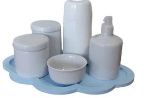 Kit Higiene Bebê Porcelana branca 6 peças bandeja nuvem azul - S. a decoração