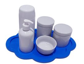 Kit Higiene Bebê Porcelana Branca 6 peças Bandeja Nuvem azul