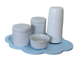 Kit higiene Bebê Porcelana branca bandeja nuvem azul 5 peças