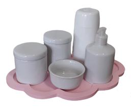 Kit Higiene bebê Porcelana branca bandeja nuvem rosa 6 peças