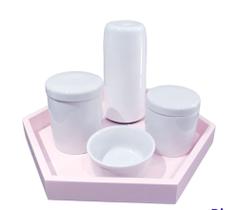Kit higiene bebê porcelana branca potes garrafa termica menina maternidade 5 peças bandeja rosa