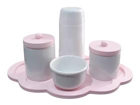 Kit Higiene bebê porcelana branco e rosa menina maternidade potes garrafinha térmica bandeja nuvem