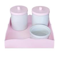 Kit Higiene Bebê Porcelana C/ Tampa de Madeira e Bandeja Rosa - Bia Baby Decor