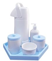 Kit Higiene Bebê porcelana garrafa pressão 1 litro bandeja tampa azul menino maternidade completo