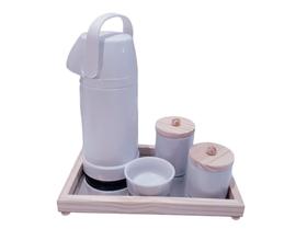 kit Higiene bebê porcelana garrafa térmica 1 litro pump potes bandeja madeira