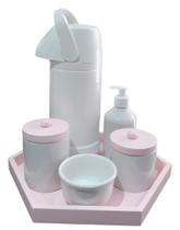Kit Higiene Bebê porcelana garrafa térmica pressão bandeja tampa rosa completo menina maternidade - S. A decoração