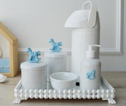 Kit Higiene Bebê Porcelana K023 Azul Térmica Bandeja Pérola Banho Quarto Bancada